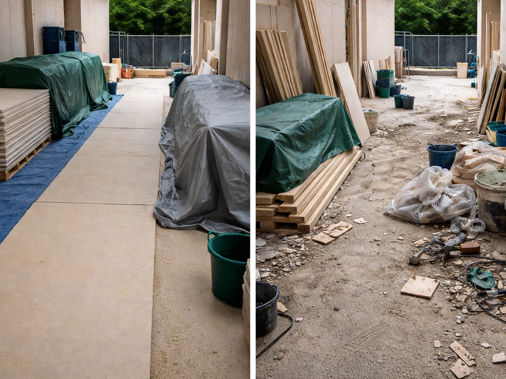 Tidy construction site with protected materials beside a messy area with scattered supplies and unfinished cleanup