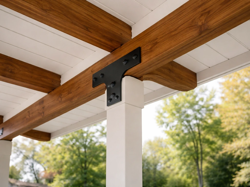 Close-up of a covered patio structure showing posts, beams, roof panels, and metal hardware.