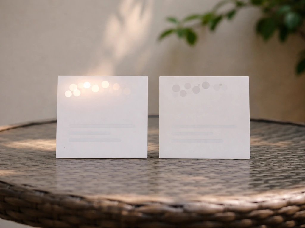 Minimal photo of two blurred review cards on a patio table, symbolizing contrasting rating signals.