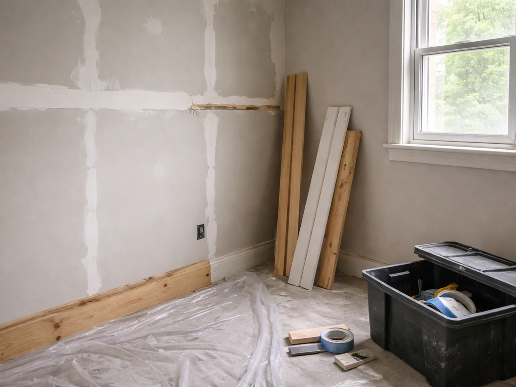 Unfinished renovation room with misaligned seams, incomplete trim, and staged materials left incomplete.