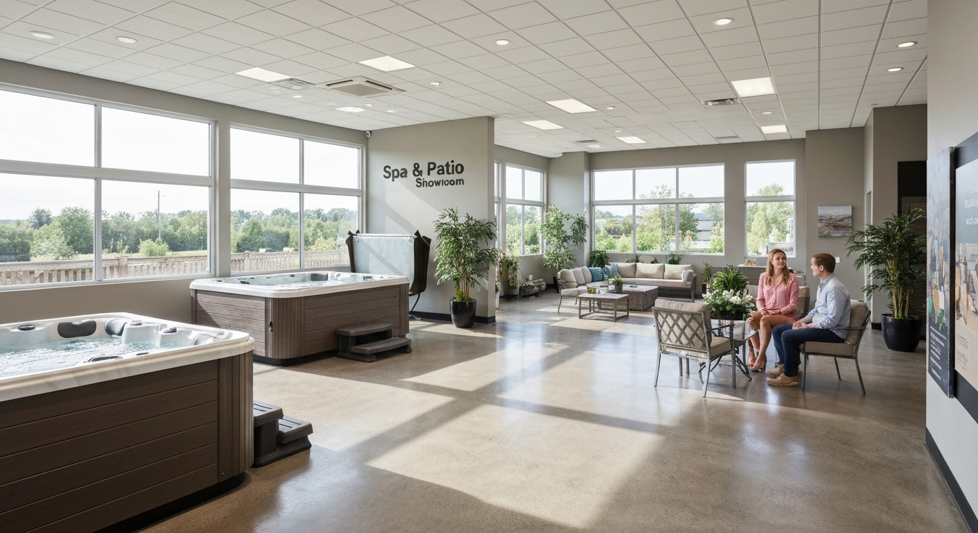 Interior of a modern spa and patio showroom with hot tubs, patio furniture, and a sales consultant talking with customers.