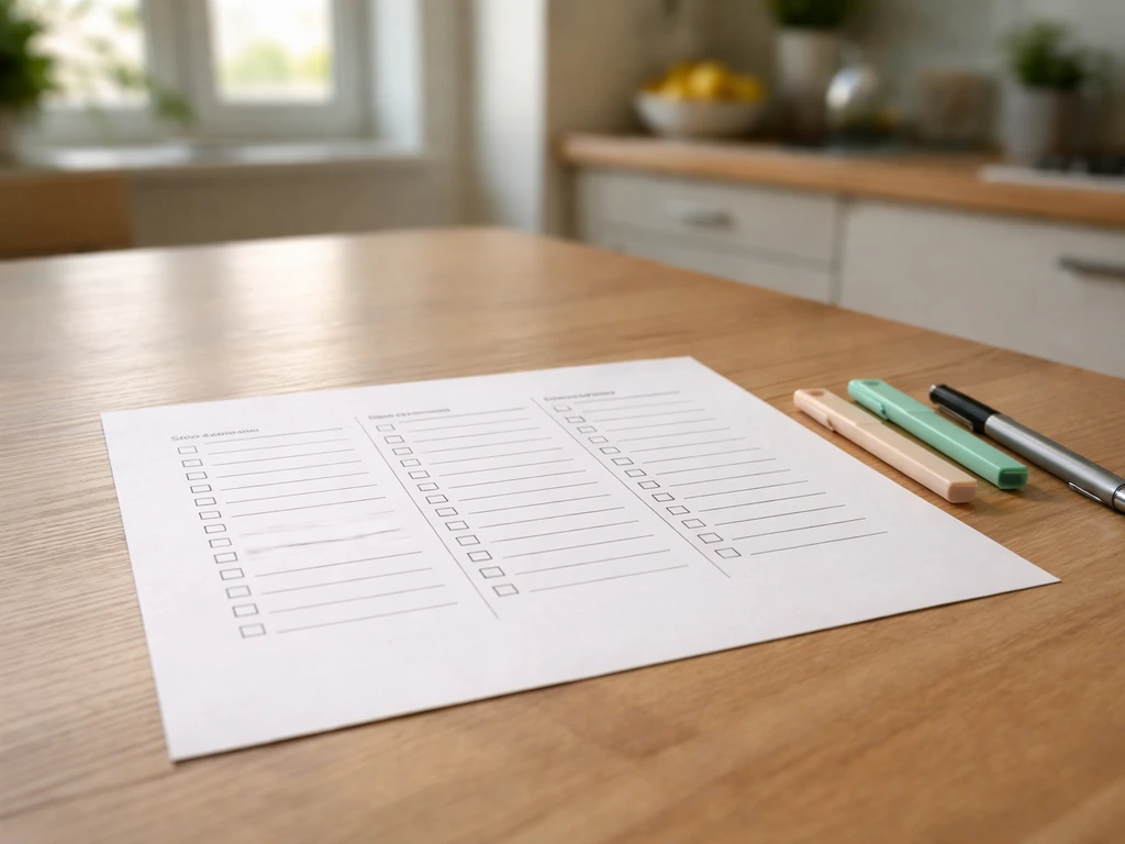Kitchen table with a printed bid comparison sheet and checkboxes beside a pen and highlighters.