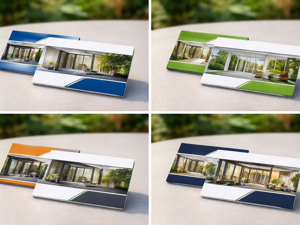 Split-screen of generic contractor patio signage and business cards on a table, illustrating name confusion.