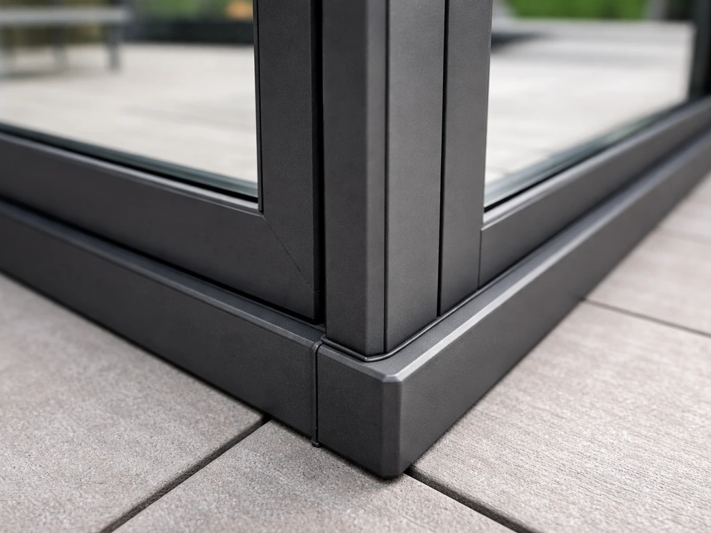 Close-up of a neatly finished patio enclosure corner with tight seams and sealed weatherproofing