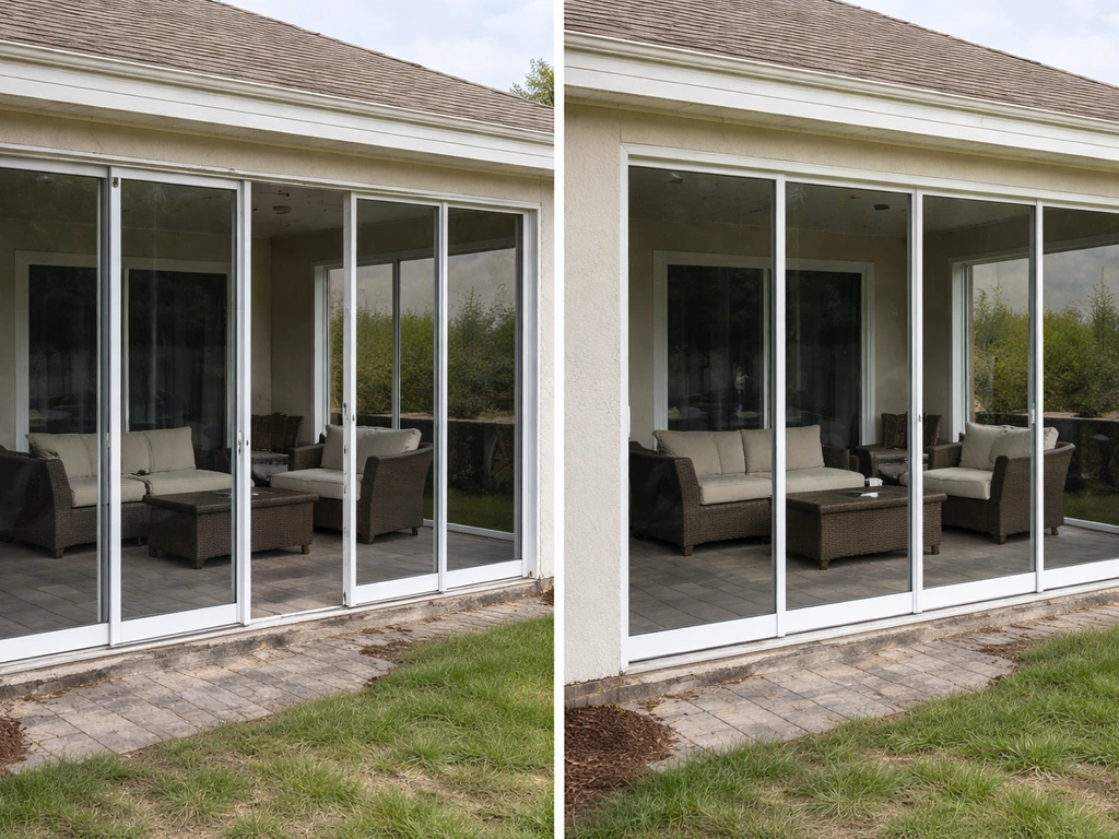 Split before-and-after patio enclosure: misaligned, gapped panels vs a corrected, neatly finished enclosure.