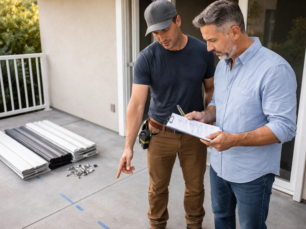 Contractor and homeowner review a clipboard scope and materials for a patio enclosure at a quiet patio site visit