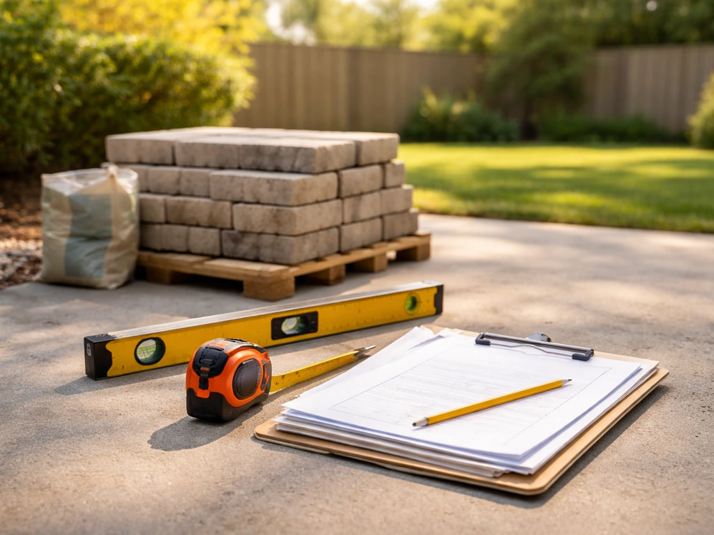 Anonymous contractor tools and blank quote papers beside patio pavers on a Georgia backyard patio.