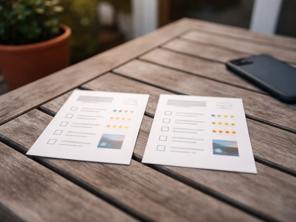 Printed patio review checklist cards with star and photo icons on a wooden outdoor table.