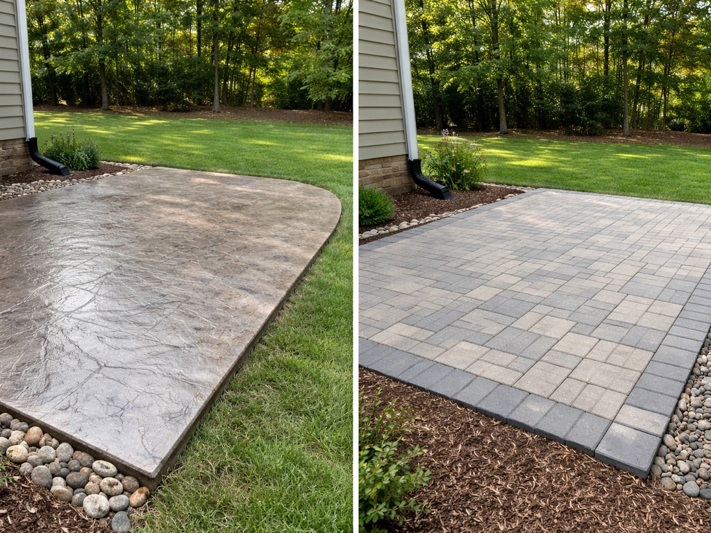 Two side-by-side patio views: stamped concrete on the left and paver patio on the right.