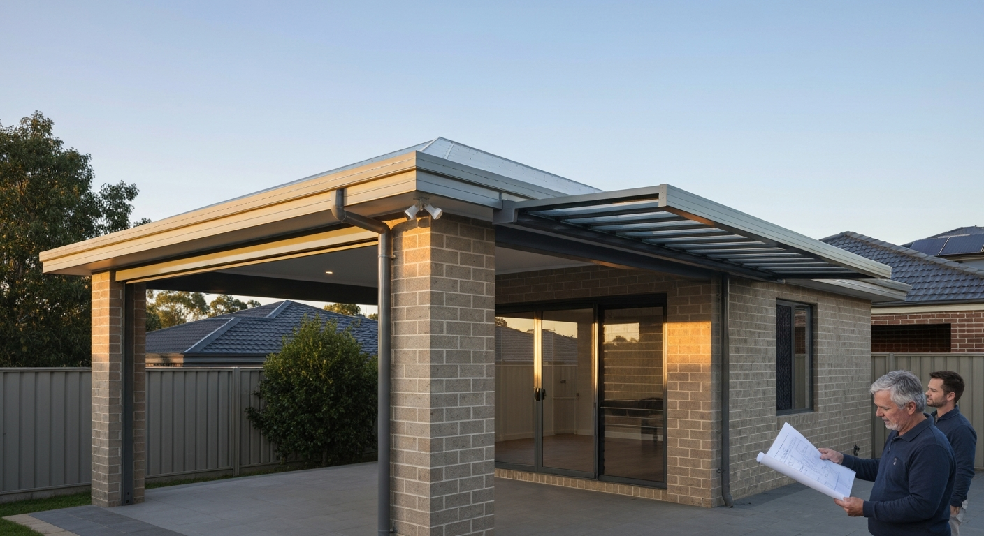 Modern Australian patio with insulated and louvred roof sections, aluminium posts, and homeowner inspecting plans—showing craftsmanship and finished build.