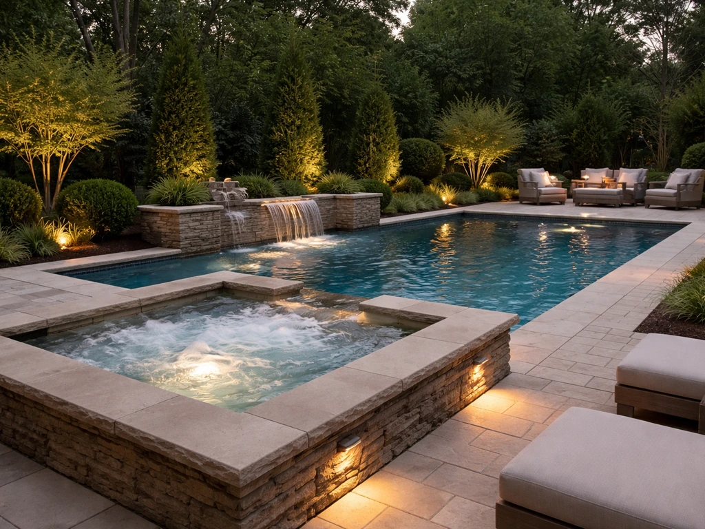 Upscale outdoor pool, patio, and spa with warm lighting, landscaping, and a small water feature