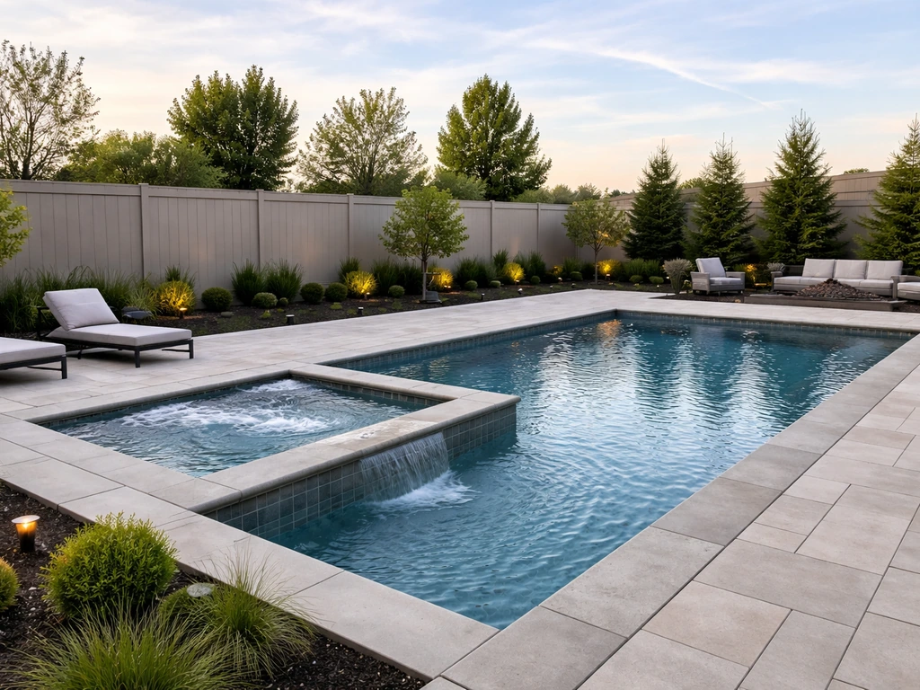 Custom gunite swimming pool with adjoining spa and elegant outdoor living patio in warm daylight