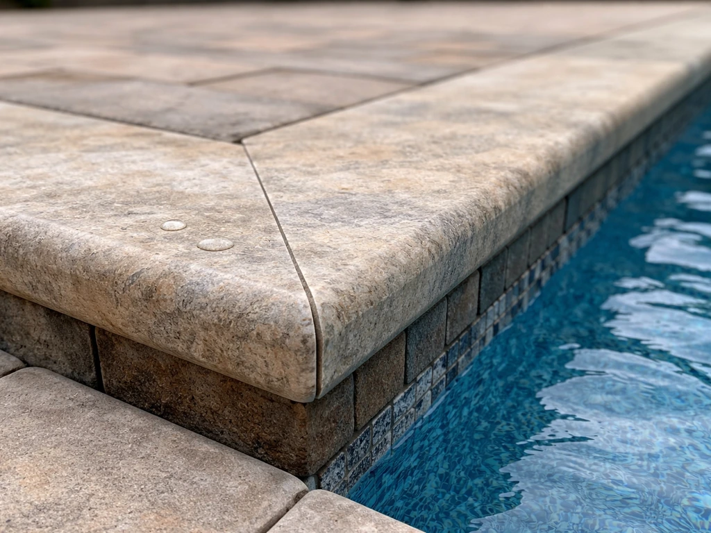 Close-up of neatly finished pool or patio coping with crisp stonework texture and clean lines