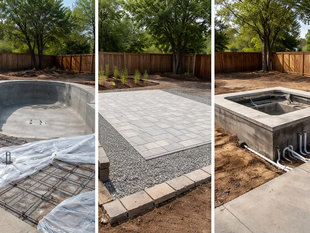 Three side-by-side outdoor builds: a gunite pool, a patio deck/paver area, and a built-in spa in backyards.