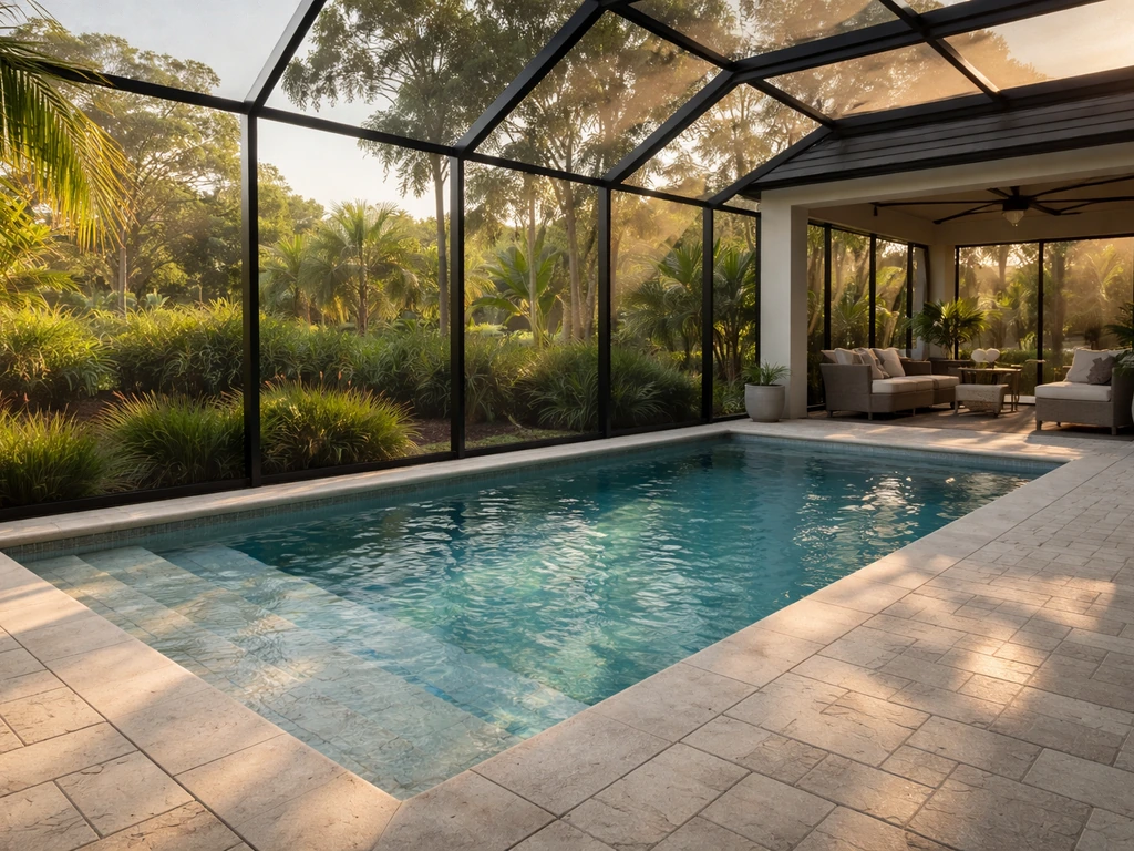 Luxury Tampa backyard patio with a screened pool, paver deck, and bright Florida morning light.