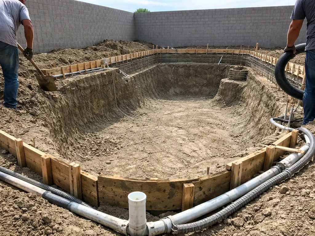 Outdoor pool construction site with excavated footprint and visible plumbing/electrical lines, anonymous crew working.