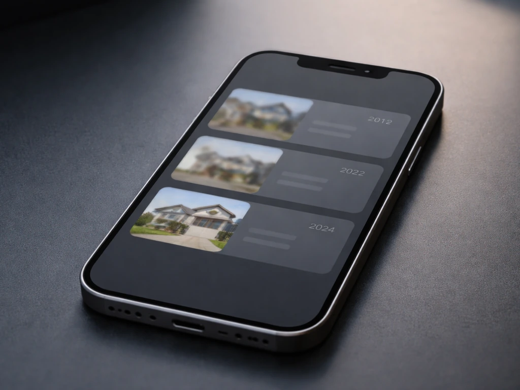 Smartphone on a desk showing blurred stacked review cards with photo thumbnails and varied dates (no readable text).