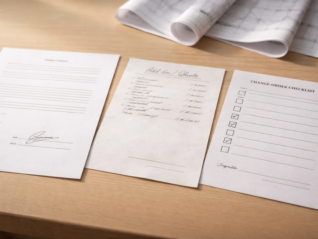 Signed contract page beside an unsigned handwritten add-on sheet and an incomplete change-order checklist.