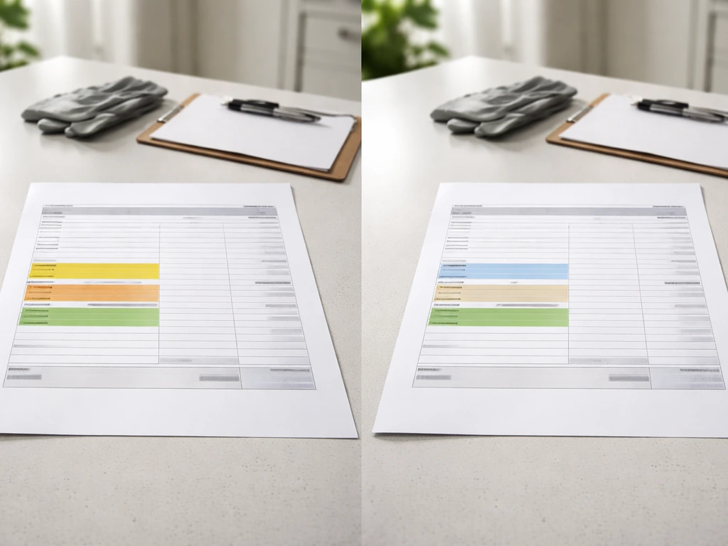 Split-screen of two anonymous quote sheets on a table with highlighted scope categories for like-for-like bids.