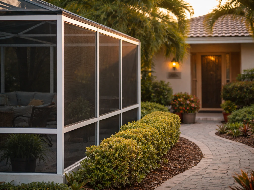 Blurred residential home entrance with a sunlit screened patio enclosure and out-of-focus address numbers