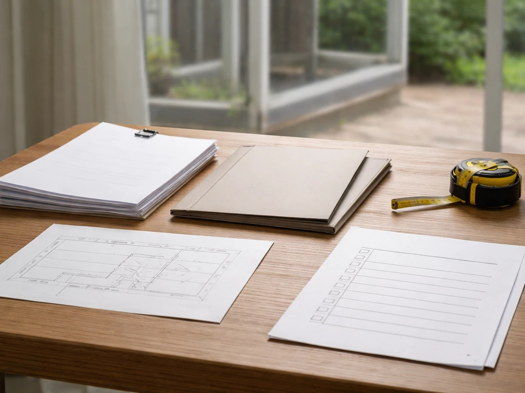 Blank home-improvement contract papers and measuring tape on a table near a patio screen plan sketch.