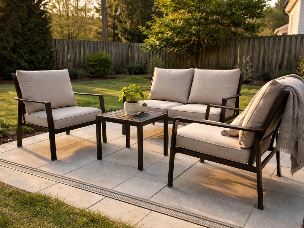 Outdoor patio with quality sling seating and cushioned chairs in a clean, well-built yard setting