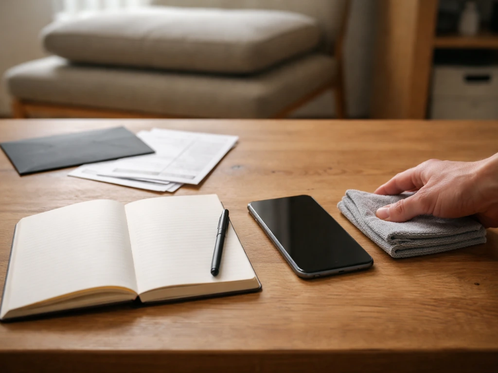 Minimal workbench scene contrasting helpful service notes with blank warranty paperwork, no text.
