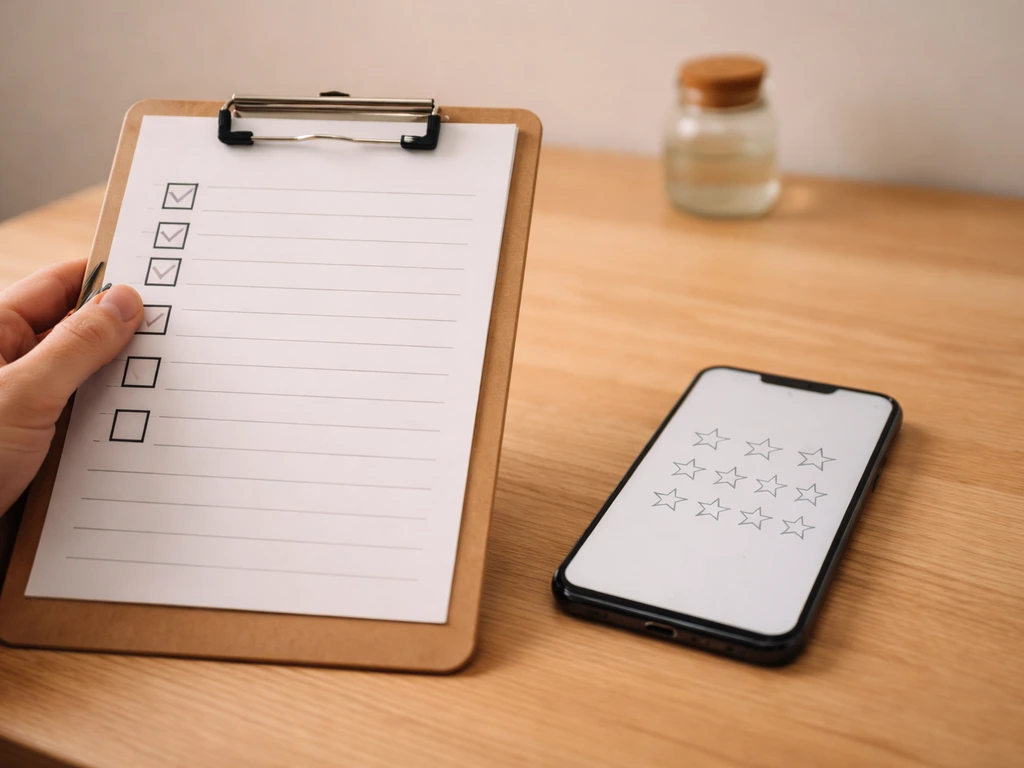 Minimal photo of a clipboard with an unlabeled checklist and a smartphone showing blank review stars