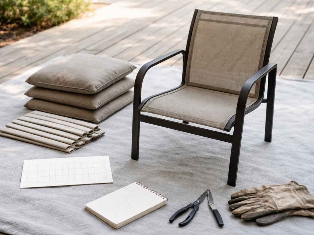 Minimal patio repair workbench with chair, replacement slings, cushions, and a blank timeline card.