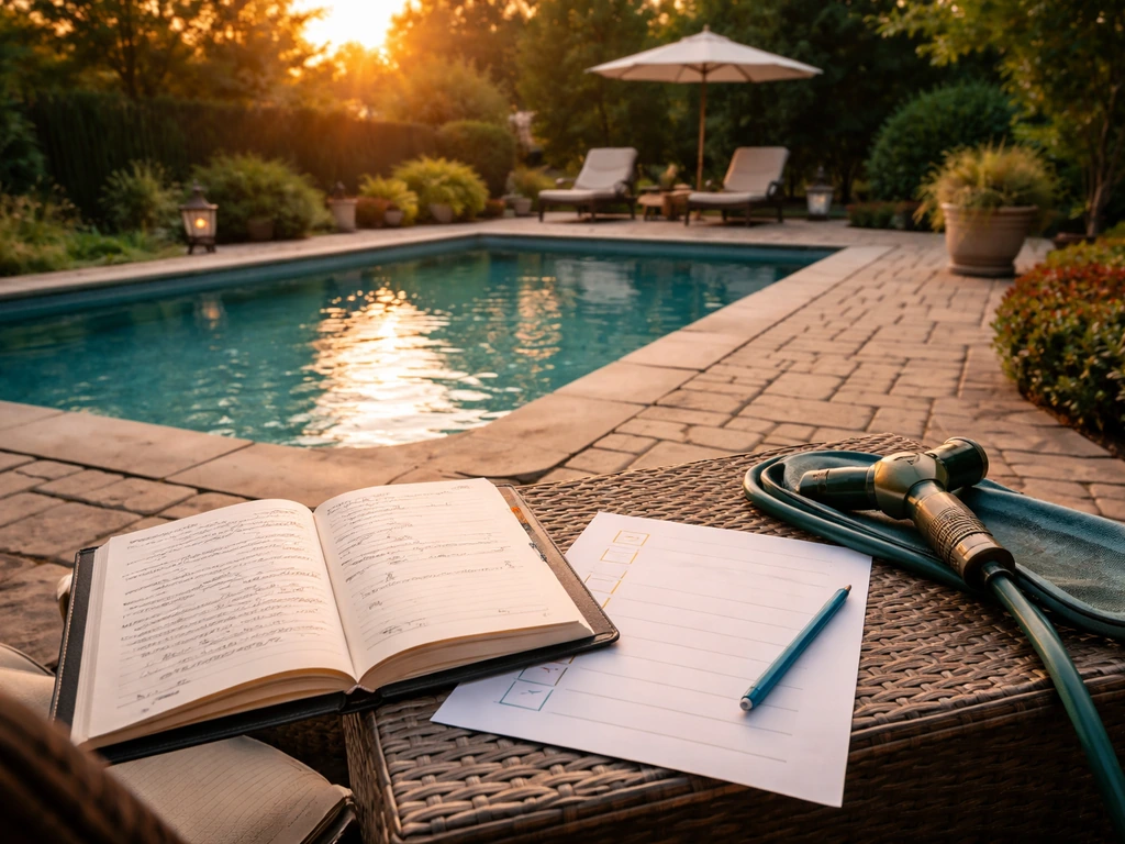 Backyard pool and stone patio with an open notebook and checklist in the foreground suggesting contractor vetting.
