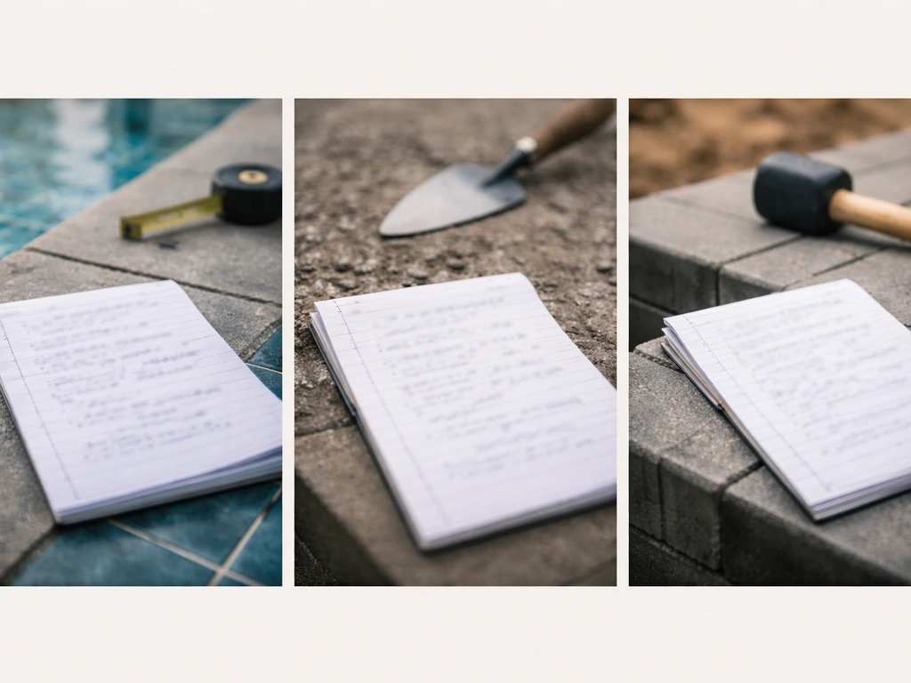 Minimal photo grid showing categorized customer review details about pool, patio, and hardscape projects