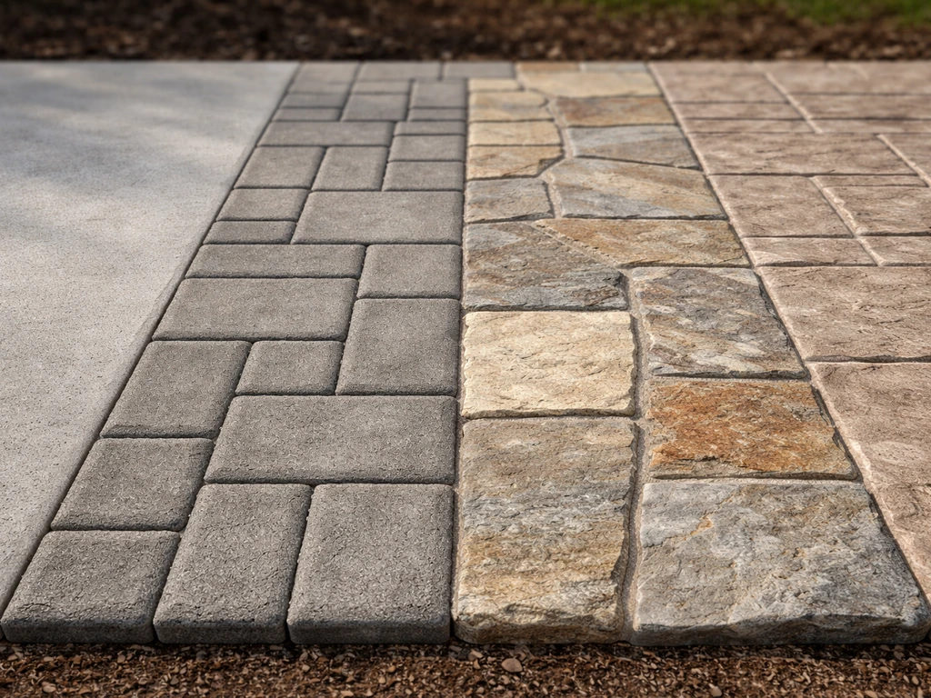 Close-up of patio surface materials—poured concrete, pavers, natural stone, and stamped concrete laid side by side.