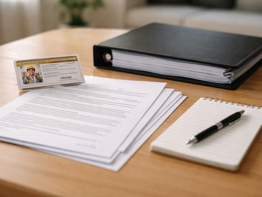 Contractor license card, insurance binder, and contract pages reviewed on a table with a notepad and pen.
