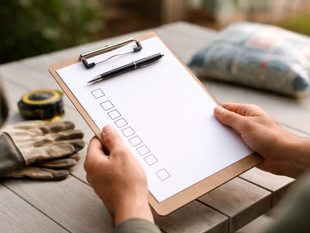 Hand holding clipboard with checkboxes beside pool patio supplies in a simple workspace