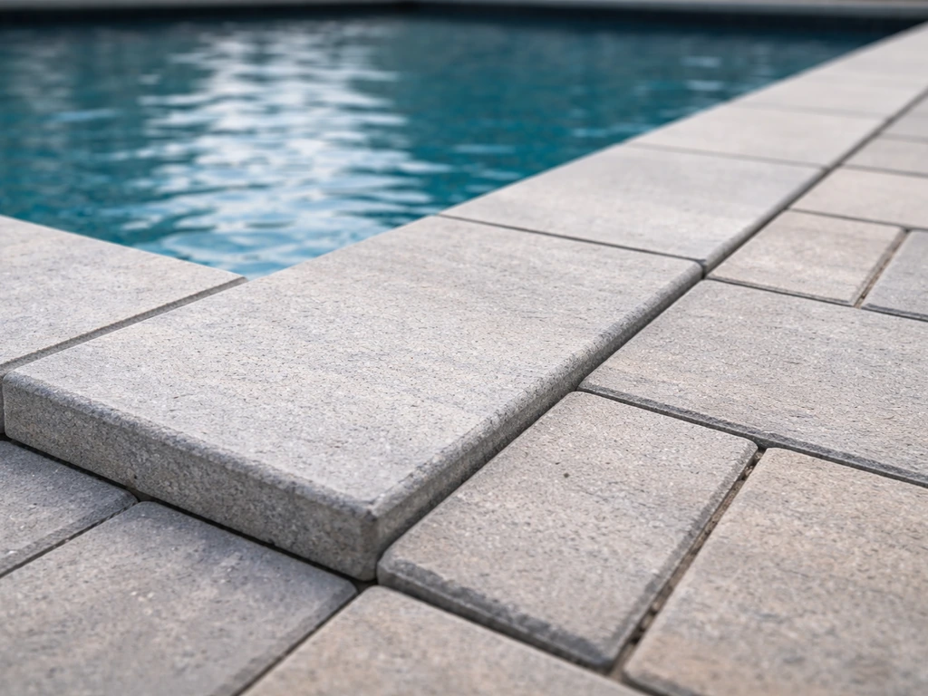 Close-up of pool coping, tight grout lines, and level pavers showing craftsmanship details.