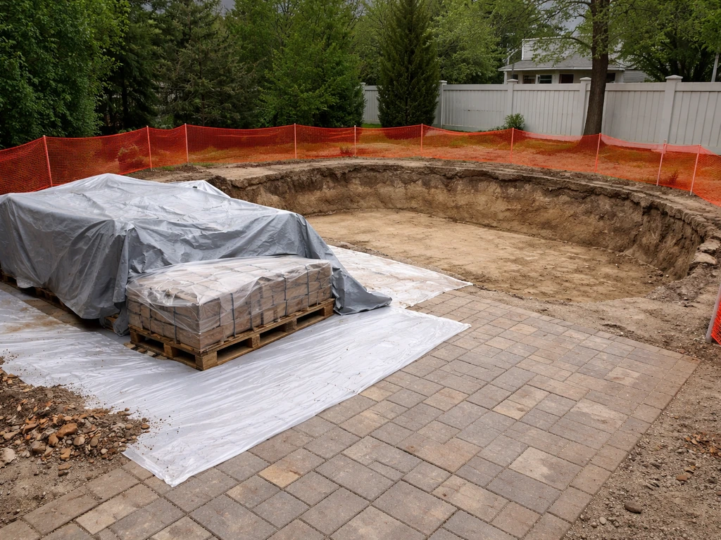 Clean residential construction jobsite with covered materials, swept debris, and safe barriers around excavation.
