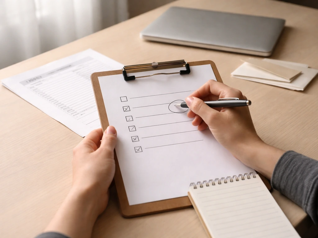 Hands comparing two bids on a clipboard with review notes in a quiet home office