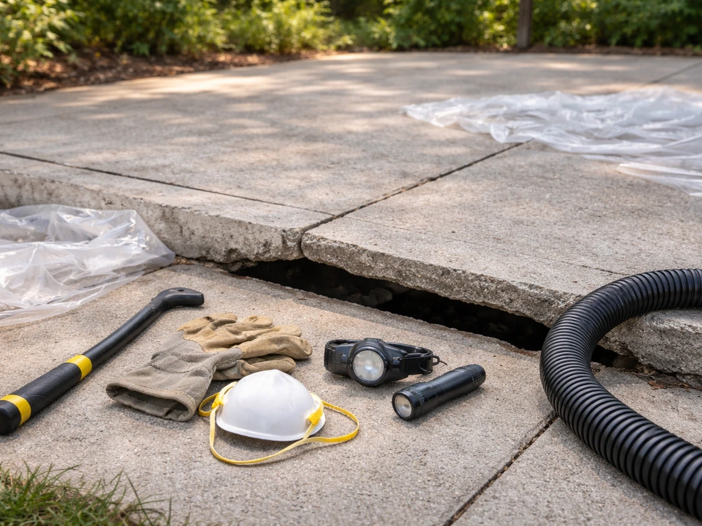 Cautious inspection under a lifted patio slab edge with tools and safety gear in a quiet yard.