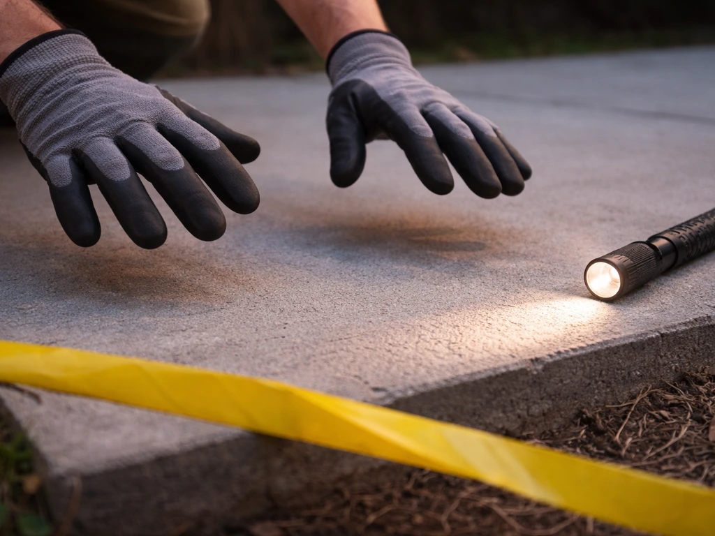 Gloved hands hover near a patio slab at night while caution tape and a flashlight signal don’t touch.