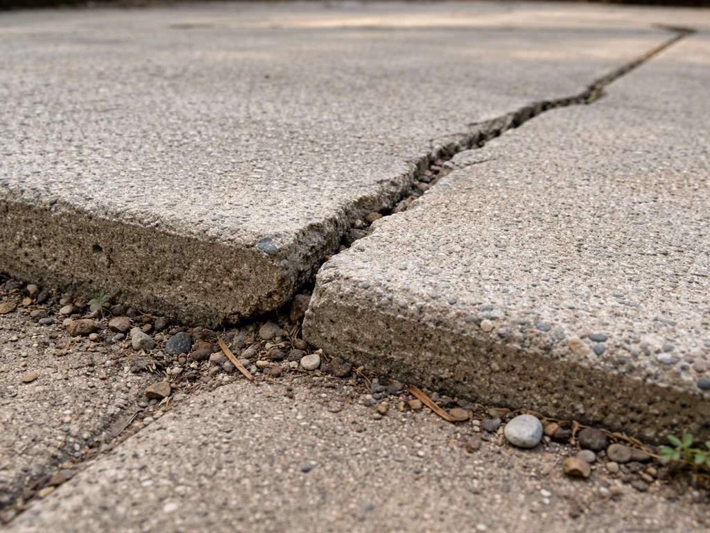 Close-up of settlement-style crack under a patio slab with one side slightly higher than the other