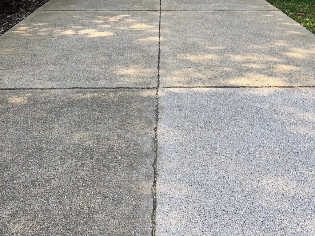Backyard patio showing a seam between older and newer concrete pours with different color and aggregate texture.