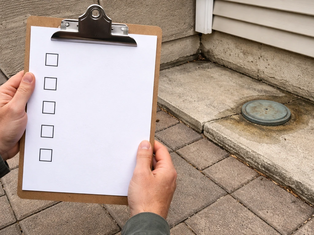 Homeowner holding a clipboard checklist while inspecting a patio area near a suspected plumbing or gas issue