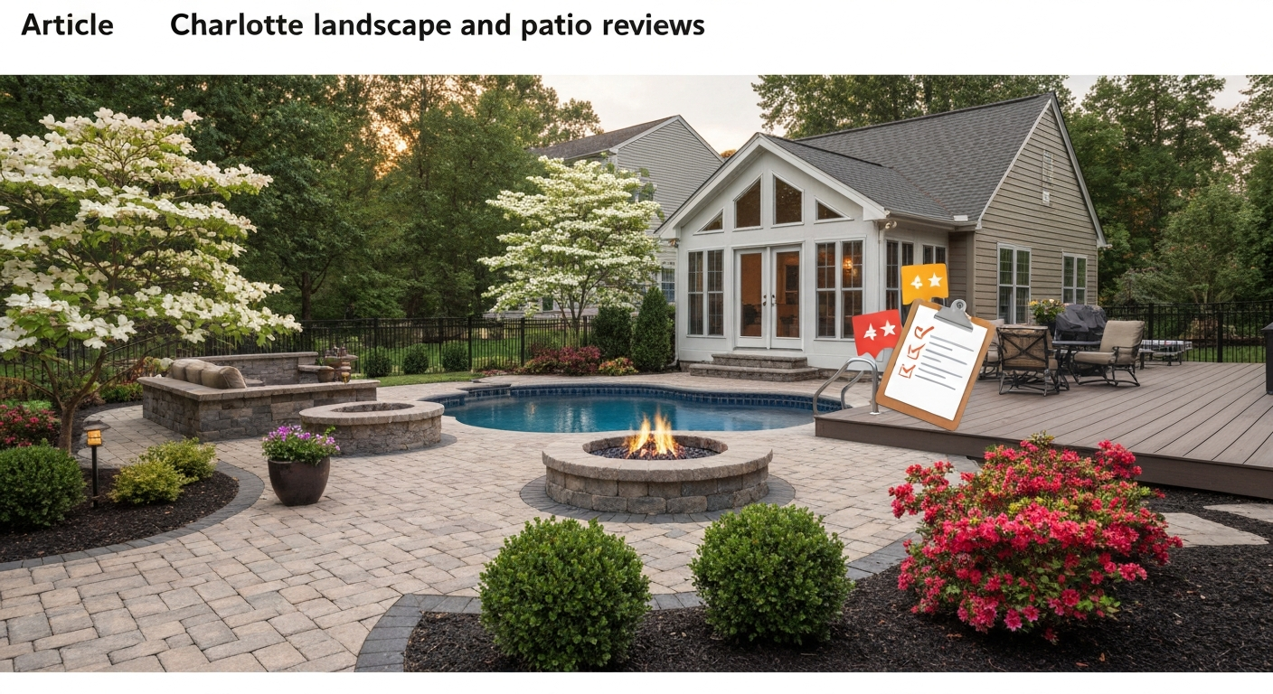 Editorial-style backyard showing paver patio, composite deck, pool, sunroom and native plantings with subtle 4-star review icons and a clipboard to represent contractor reviews.