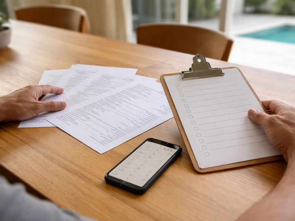 Hands compare printed contractor bids and a phone with reviews, with a pool patio blurred in background.