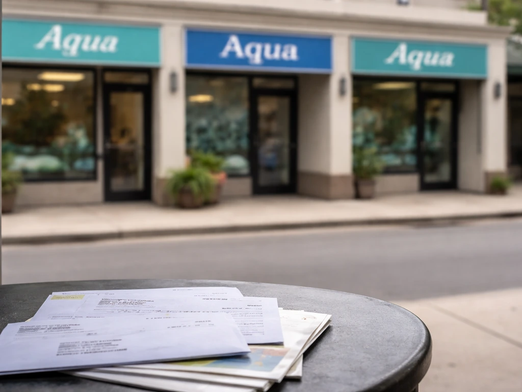 Homeowner comparison scene: blurred “Aqua” storefronts and paperwork with addresses on a small table.