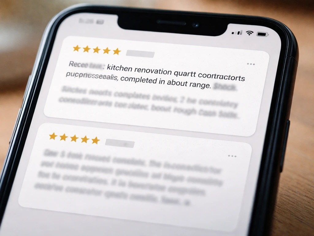 Close-up of two review cards on a phone, one detailed and one vague, in soft natural light.