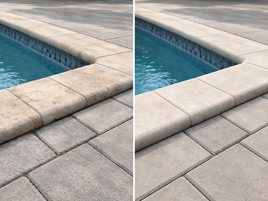 Close-up of a pool coping, tile, and aligned pavers with clean grout lines and neat edging.