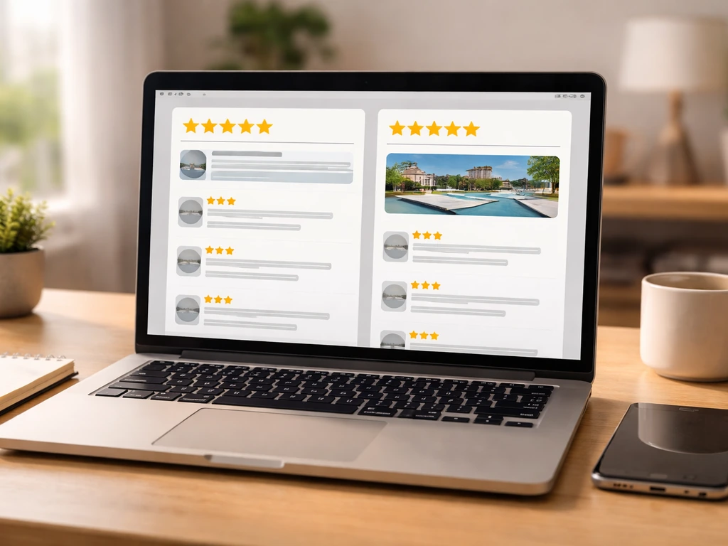 Laptop screen with generic star ratings and review feed for a pool/patio business, with a phone beside it.