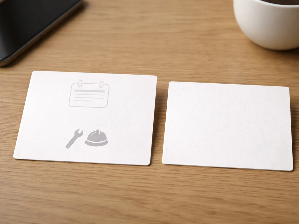 Two side-by-side blank review cards on a wooden table, one styled with specific detail icons.