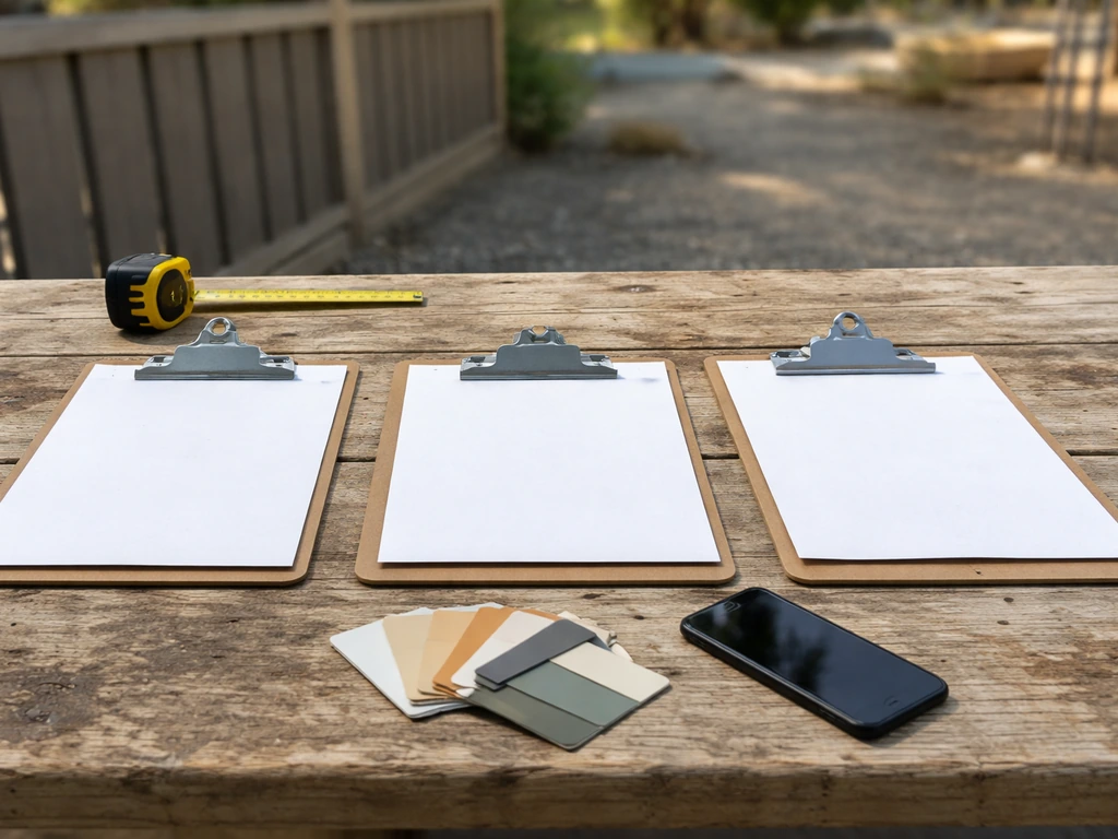 Three blank clipboards and tools on a wooden bench, suggesting comparing outdoor contractor options.